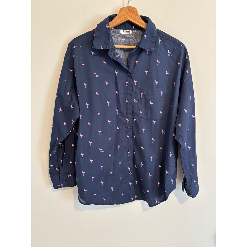 PINK Victoria's Secret Flamingo Print Button Down Shirt Navy Blue Women's XS